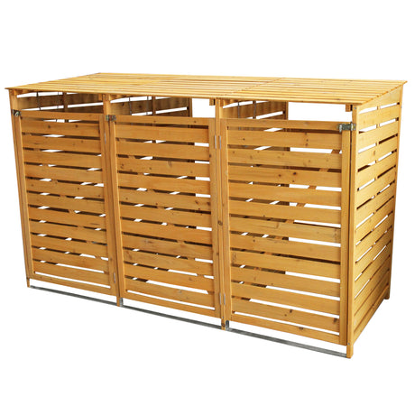 Mülltonnenverkleidung aus hellem Holz mit horizontalen Lamellen, bietet Platz für drei Mülltonnen, robust und wetterfest, ideal für den Garten