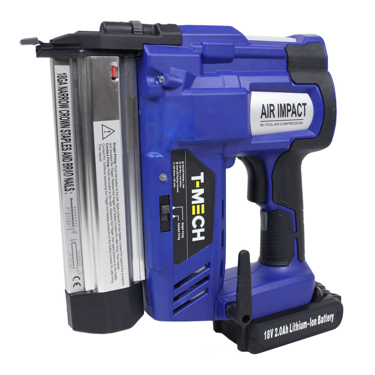 Blauer T-Mech Elektrotacker mit ergonomischem Griff, Lithium-Ionen-Batterie und robustem Metallmagazin für präzises Nageln und Heften
