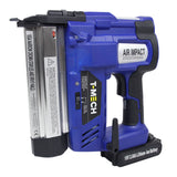 Blauer T-Mech Elektrotacker mit ergonomischem Griff, Lithium-Ionen-Batterie und robustem Metallmagazin für präzises Nageln und Heften