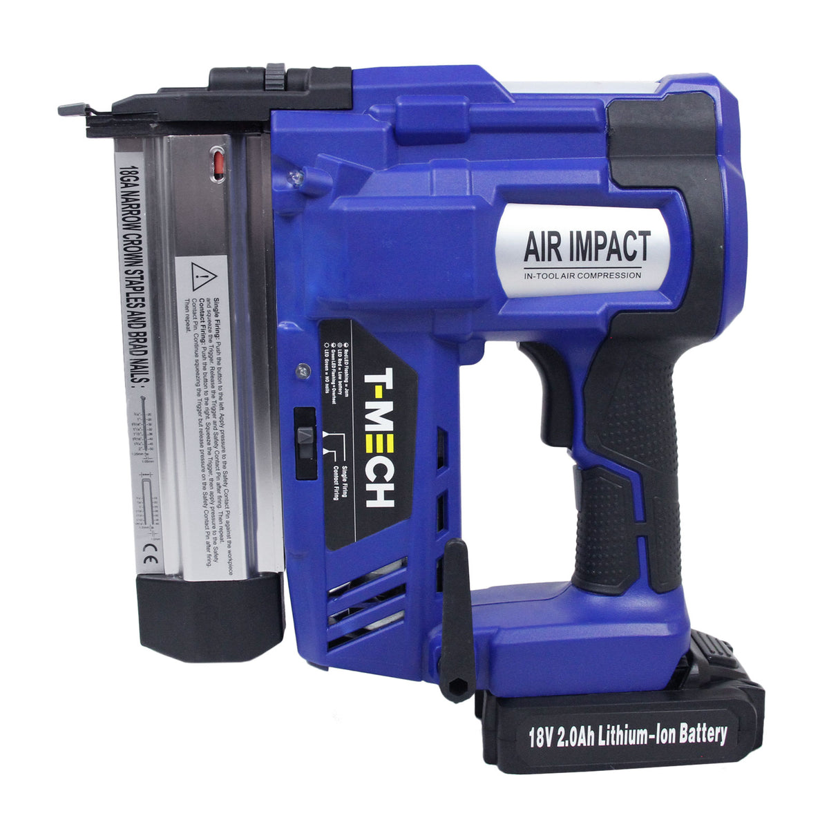 Blauer T-Mech Elektrotacker mit ergonomischem Griff, Lithium-Ionen-Batterie und robustem Metallmagazin für präzises Nageln und Heften