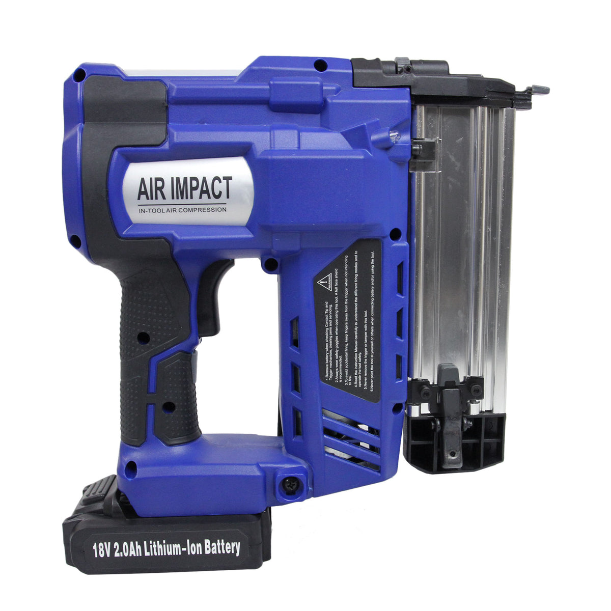 Blauer Elektrotacker mit ergonomischem Griff, transparentem Magazin und 18V Lithium-Ionen-Batterie, ideal für präzises Nageln und Heften