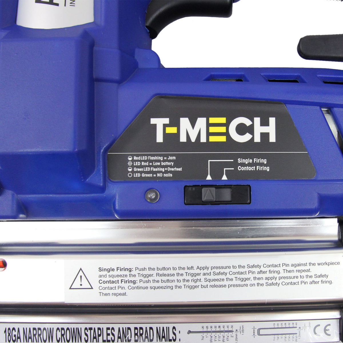 T-Mech Elektrotacker in Blau mit ergonomischem Griff, LED-Anzeige und Schalter für Einzel- und Kontaktfeuer, ideal für präzise Nagelarbeiten