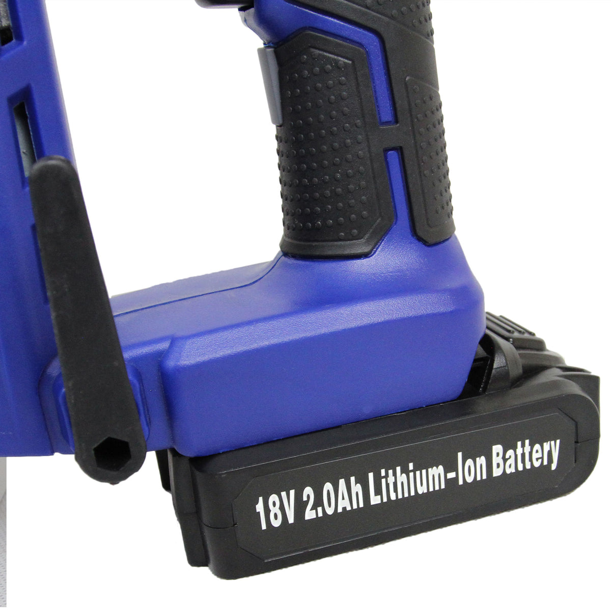 Blauer Elektrotacker mit ergonomischem Griff, 18V Lithium-Ionen-Batterie, robustem Gehäuse und präziser Nagelzufuhr für vielseitige Anwendungen