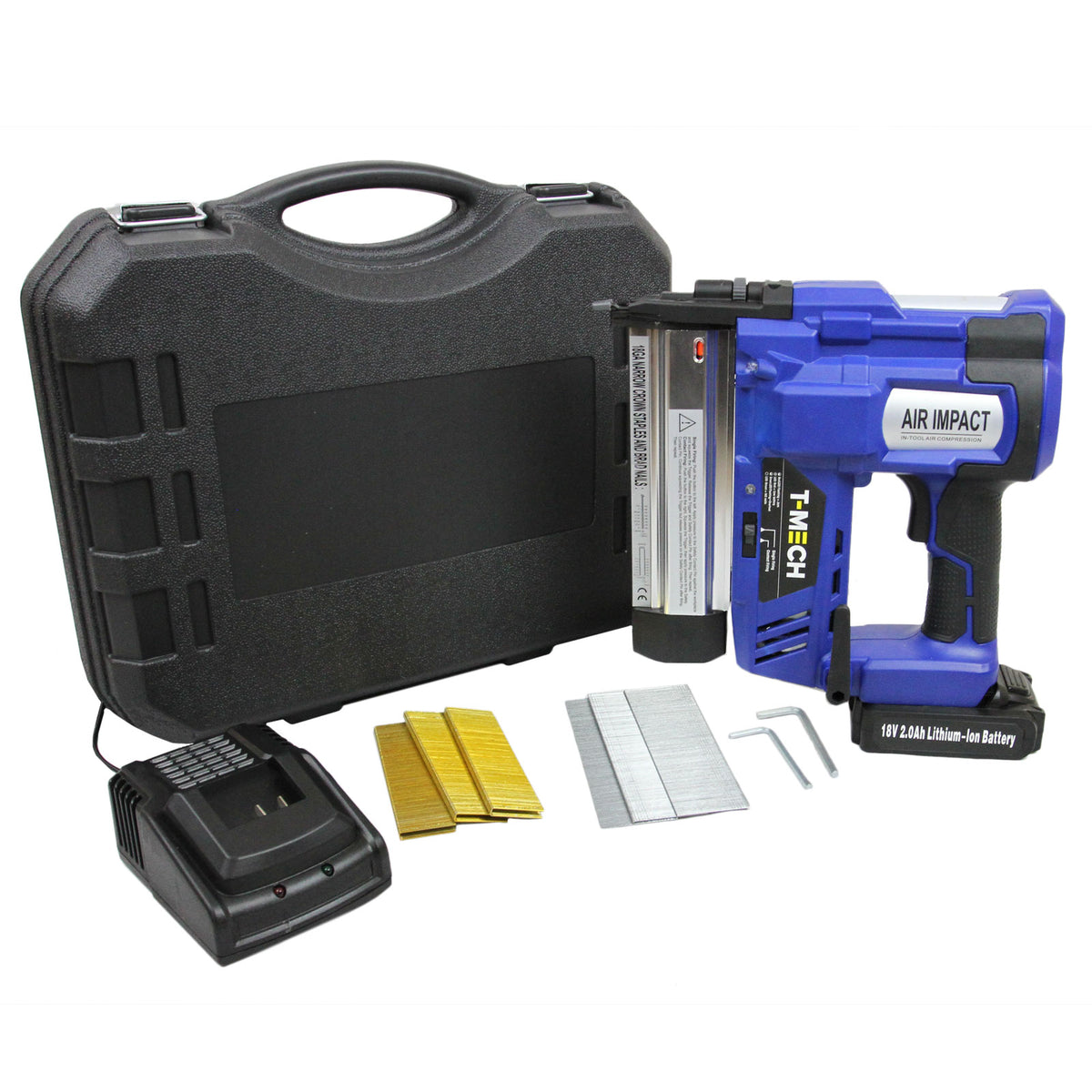 Blauer T-Mech Elektrotacker in einem stabilen Koffer, inklusive Ladegerät, Nägeln und Zubehör, ideal für präzise Befestigungsarbeiten