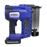 Blauer 2-in-1 Elektrotacker mit Druckluftnagler, ausgestattet mit zwei 18V Lithium-Ionen-Akkus, robustes Design und ergonomischer Griff für einfachen Einsatz