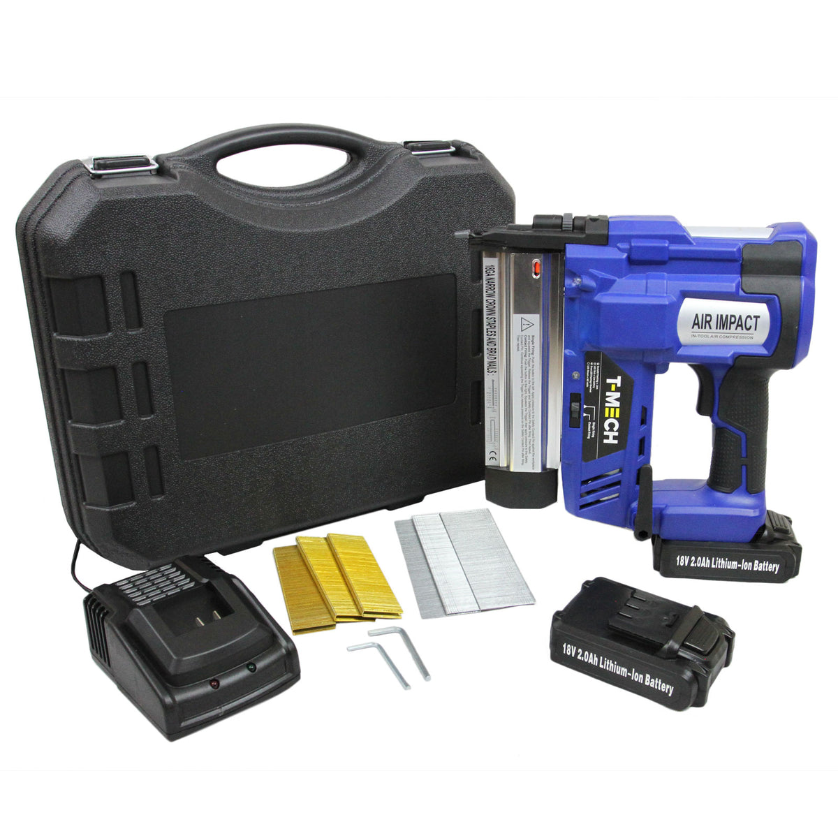 Elektrische Nagelpistole in Blau mit schwarzem Koffer, zwei Akkus, Ladegerät und Nägeln, ideal für präzise Befestigungen und Heimwerkerprojekte
