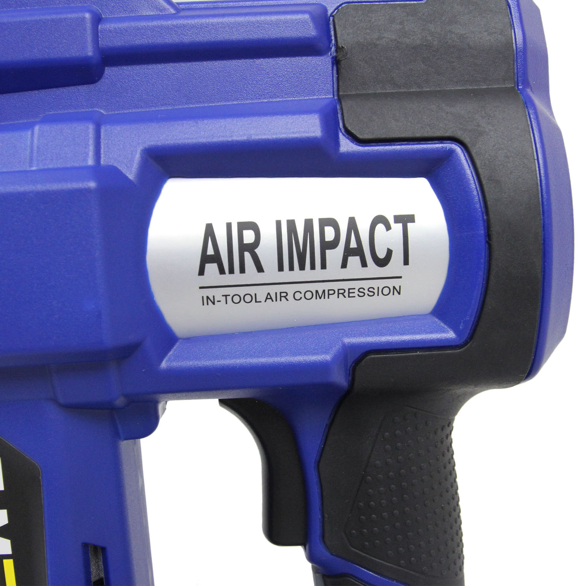 Blauer Elektrotacker mit ergonomischem Griff, Druckluftfunktion und silbernem "AIR IMPACT"-Label, ideal für präzises Nageln und Heften