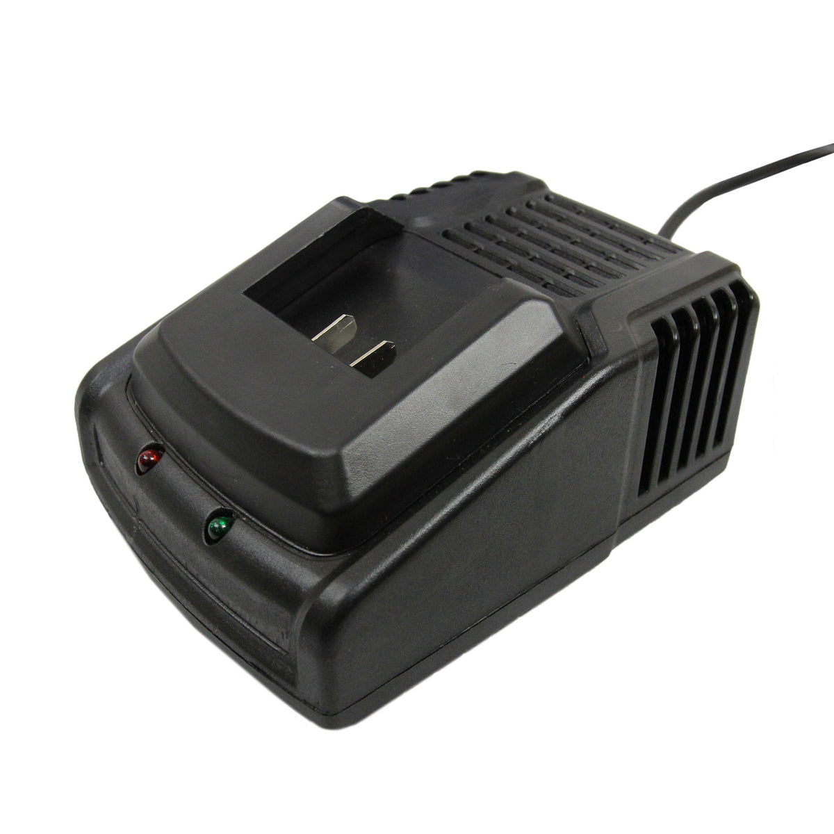 Schwarzer Akku-Ladegerät mit zwei LED-Anzeigen, kompakt und robust, ideal für die 2 in 1 elektrische Nagelpistole und Elektrotacker
