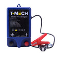T-Mech elektrisches Weidezaungerät in blauer Farbe mit rotem und schwarzem Anschluss, zeigt technische Details und Leistungsspezifikationen