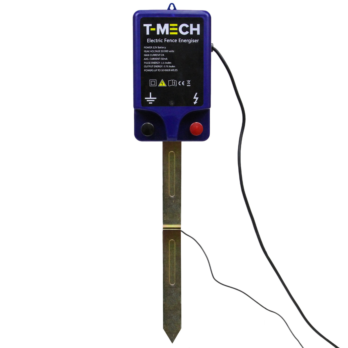 T-Mech elektrisches Weidezaungerät in Blau mit schwarzem Bedienfeld, Metallstab zur Erdung, Kabelanschluss für effiziente Tierhaltung