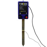 T-Mech elektrisches Weidezaungerät in Blau mit schwarzem Bedienfeld, Metallstab zur Erdung, Kabelanschluss für effiziente Tierhaltung