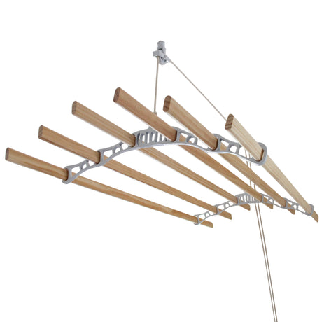 Weißer Deckentrockner von MonsterShop mit sechs Holzleisten, stabiler Metallstruktur und einem praktischen Aufhängesystem für platzsparendes Trocknen