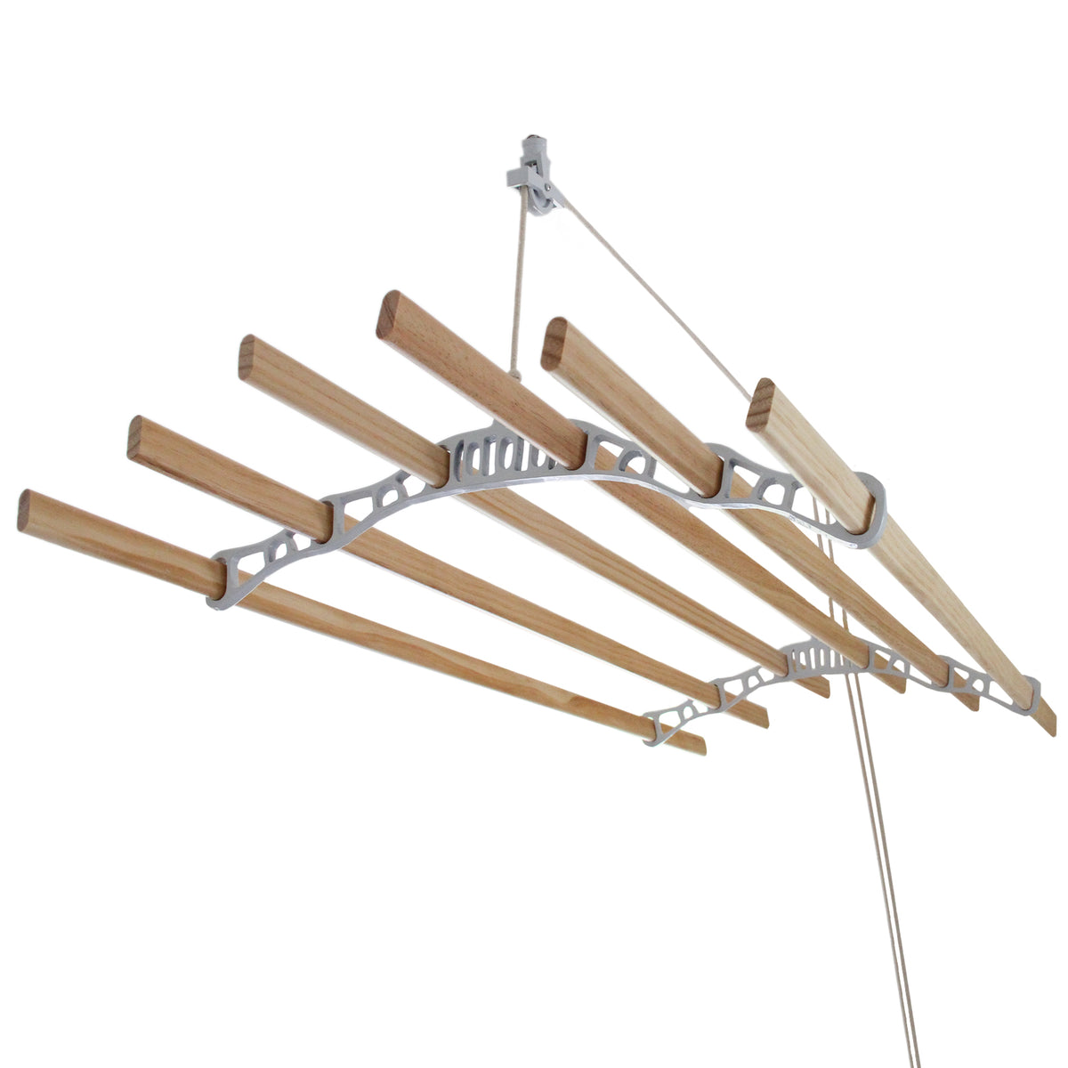 Deckentrockner aus Holz in Weiß mit sechs stabilen Holzstäben, elegantem Design und praktischer Aufhängung für platzsparendes Trocknen