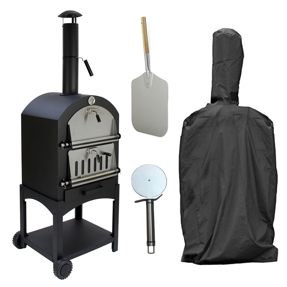 Schwarzer KuKoo Outdoor Pizzaofen mit Edelstahlfront, Pizzaschaufel, Pizzaschneider und Allwetterschutz, ideal für Garten und Terrasse