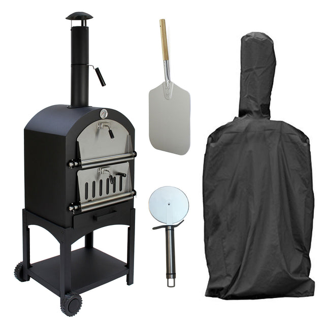 Schwarzer KuKoo Outdoor Pizzaofen mit Edelstahlfront, Pizzaschaufel, Pizzaschneider und Allwetterschutz, ideal für Garten und Terrasse