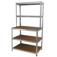 Robuste Galwix Werkbank mit vier stabilen Regalen, aus verzinktem Stahl und braunen Holzplatten, ideal für Werkstätten und Lagerbereiche