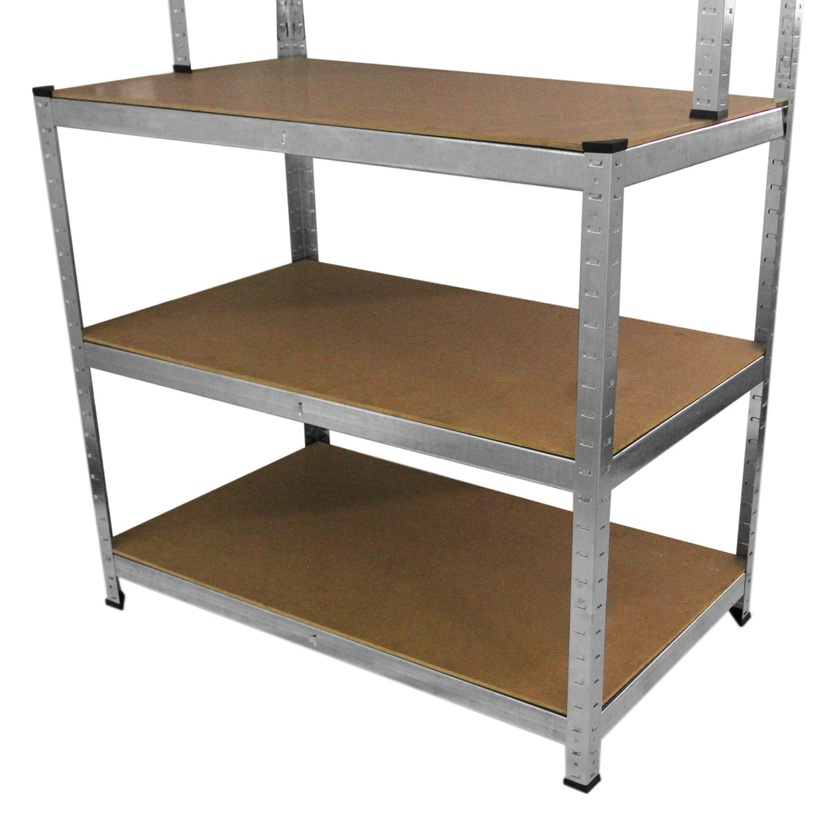 Robuste Galwix Werkbank mit drei stabilen Regalböden aus braunem Holzwerkstoff und einem silbernen Metallrahmen für vielseitige Nutzung