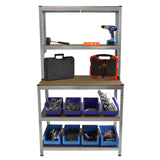 Robuste Monster Racking Galwix Werkbank aus Metall mit Holzoberfläche, Gummihammer, Werkzeugkoffer und blauen Aufbewahrungsboxen für Zubehör