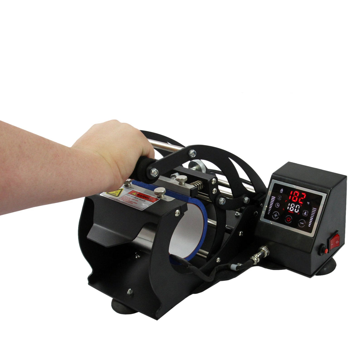 Sublimationsbecherpresse in Schwarz mit digitalem Display, Handgriff und stabiler Bauweise, ideal für kreative Druckprojekte auf Tassen