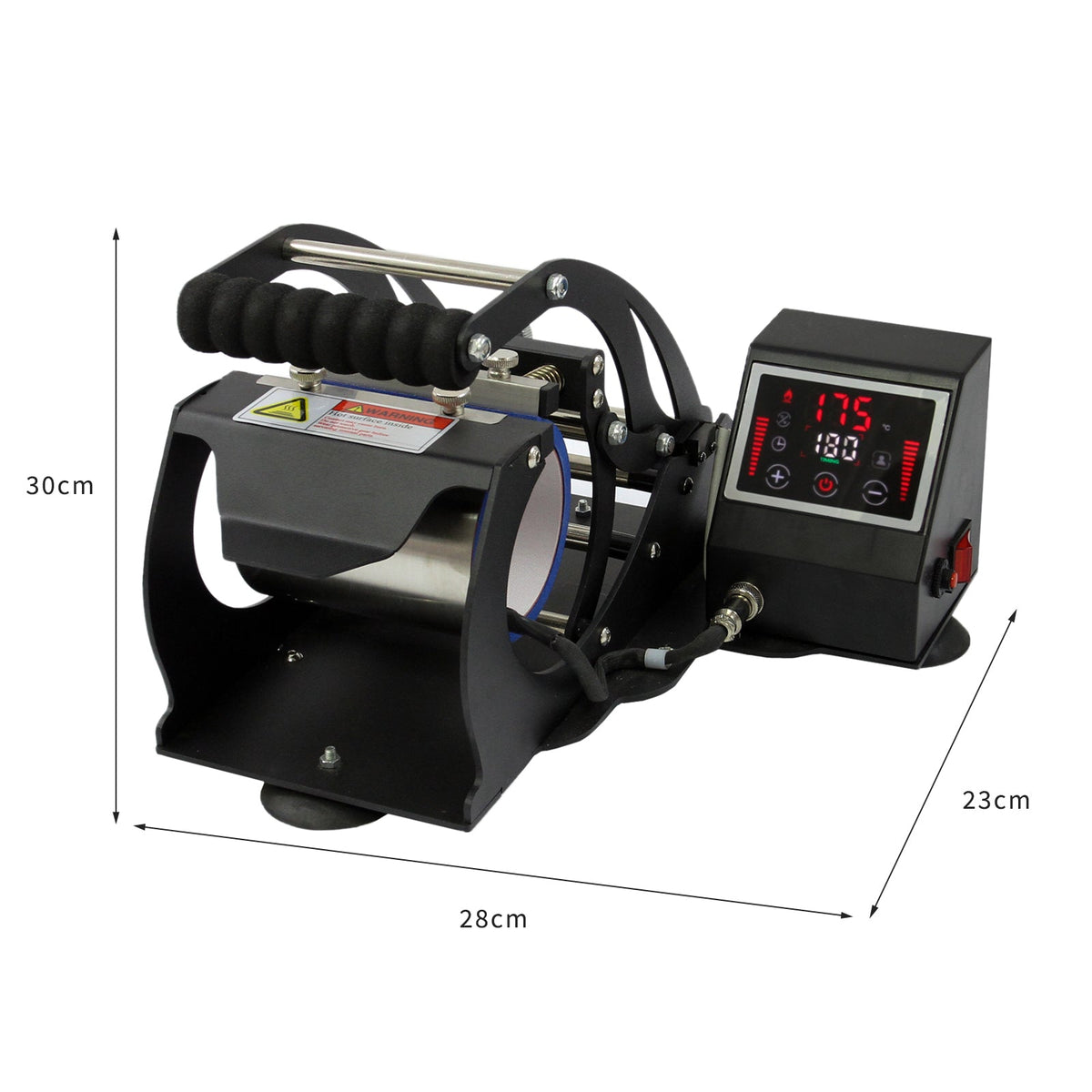Sublimationsbecherpresse in Schwarz mit digitalem Display, verstellbarem Druck und ergonomischem Griff, ideal für personalisierte Becherherstellung