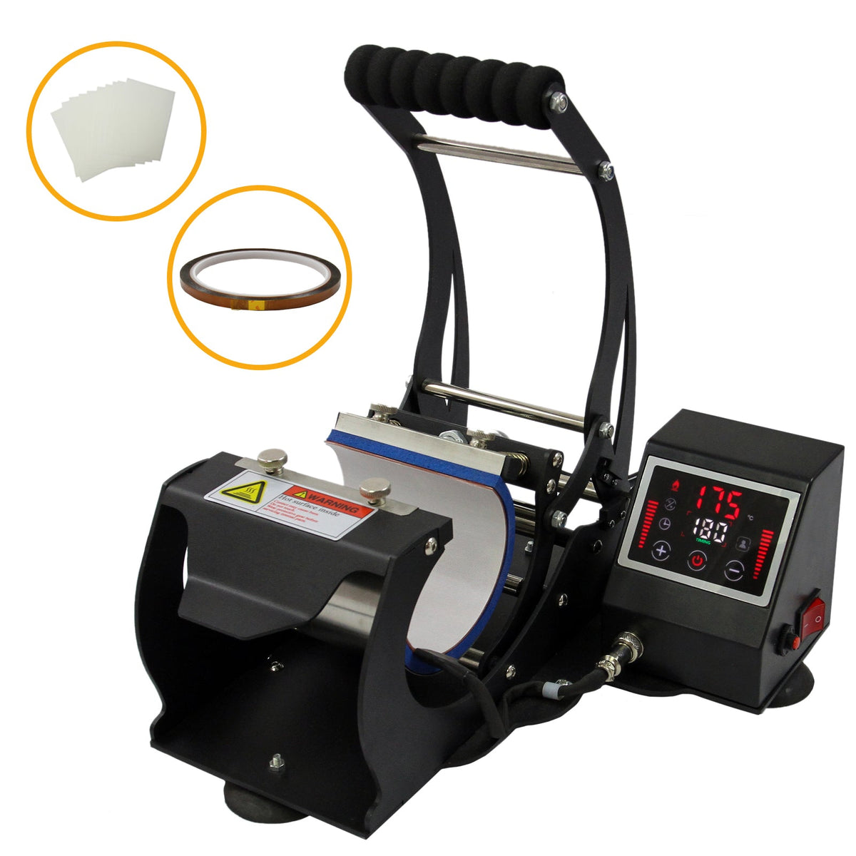 Sublimationsbecherpresse in Schwarz mit digitalem Display, robustem Griff und Heizplatte, ideal für personalisierte Becher und Tassen