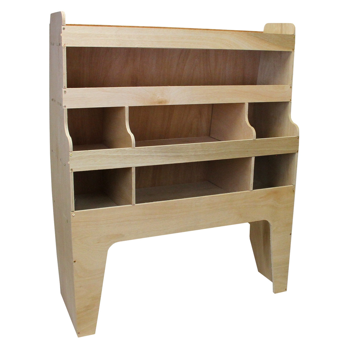 Hochwertiges Regal aus hellem Holz mit mehreren Fächern und Ablagen, ideal für VW Transporter, funktional und stilvoll, perfekt für die Fahrzeugverkleidung