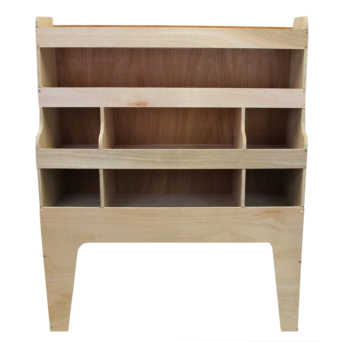 Holzregal mit fünf offenen Fächern, helles Holz, glatte Oberfläche, ideal für die Organisation von VW T5 T6 T28 T30 Fahrzeugen, funktional und stilvoll
