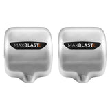 Zwei glänzende, silberne MAXBLAST Gastro Automatik Händetrockner mit modernem Design und schwarzem Logo auf der Vorderseite