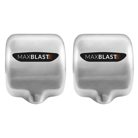 Zwei glänzende, silberne MAXBLAST Gastro Automatik Händetrockner mit modernem Design und schwarzem Logo auf der Vorderseite