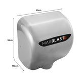 Eleganter, silberner MAXBLAST Händetrockner mit glatter Oberfläche, kompakten Maßen von 29 cm x 32 cm x 17,5 cm, ideal für Gastronomie