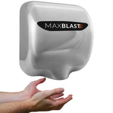 Hochglänzender, silberner MAXBLAST Händetrockner mit modernem Design, ideal für Gastronomie und öffentliche Einrichtungen, Hände darunter