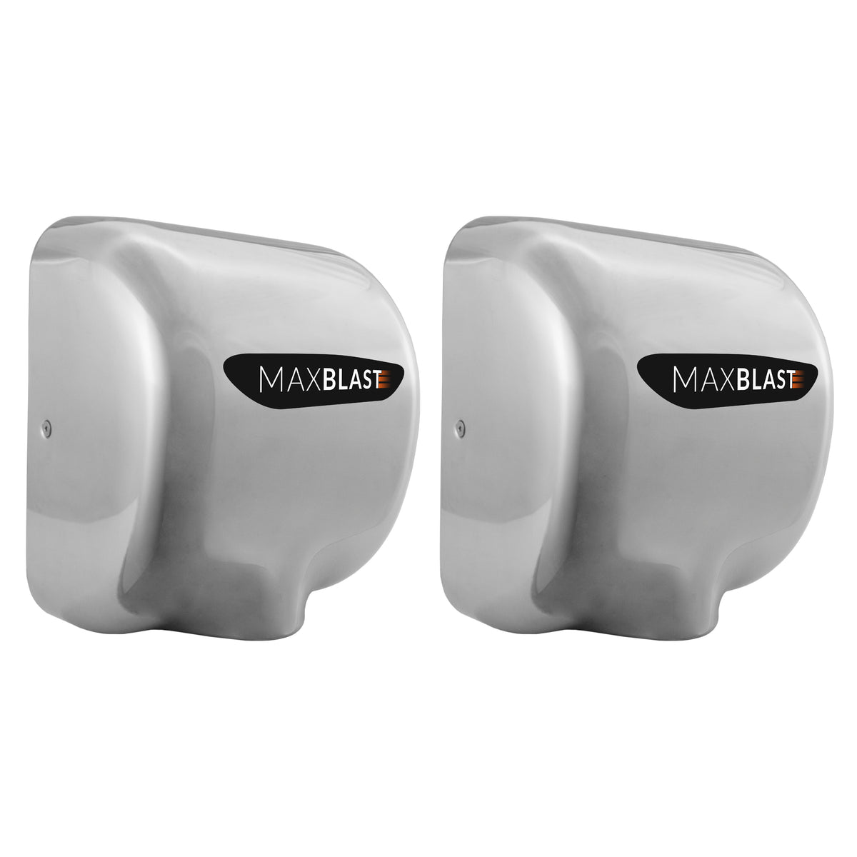 Zwei glänzende, silberne MAXBLAST Händetrockner mit modernem Design, ideal für Gastronomie und öffentliche Einrichtungen