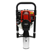 T-Mech 4-Takt Pfahlramme in Rot und Schwarz mit silbernem Metallrohr, robustes Design, ideal für effizientes Rammen von Pfählen in den Boden