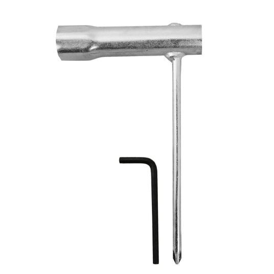Silberner Schraubenschlüssel mit langem Griff und schwarzem Inbusschlüssel, ideal für präzise Montage und Reparaturen in der Werkstatt