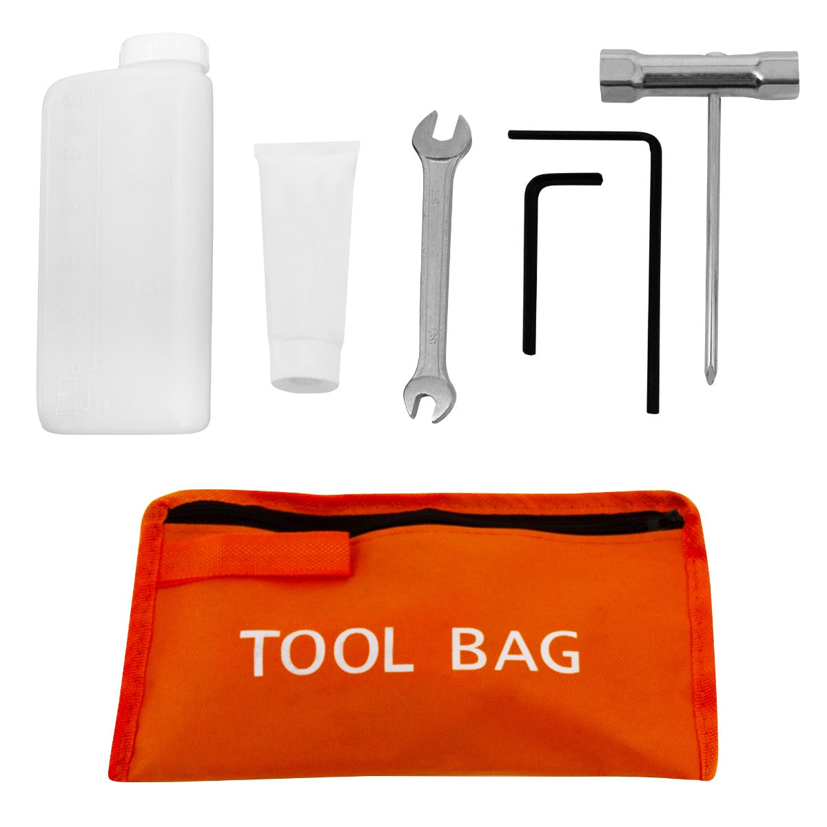 Orange Werkzeugtasche mit Reißverschluss, gefüllt mit einem weißen Behälter, einer Tube, einem Schraubenschlüssel und mehreren Inbusschlüsseln