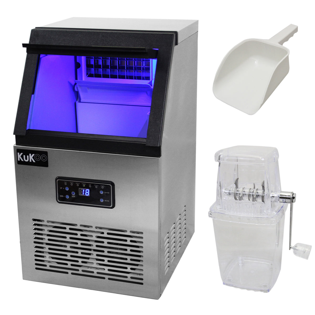 Edelstahl KuKoo Eiswürfelmaschine mit blauer LED-Beleuchtung, digitalem Display, Eisschaufel und transparentem Behälter für Eiswürfel