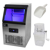 Edelstahl KuKoo Eiswürfelmaschine mit blauer LED-Beleuchtung, digitalem Display, Eisschaufel und transparentem Behälter für Eiswürfel