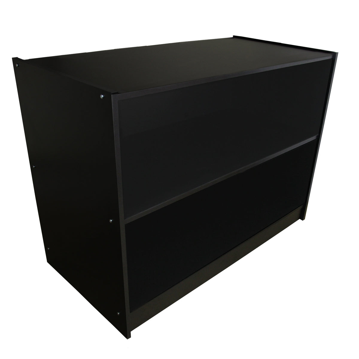Schwarze A1200 Verkaufstheke mit zwei offenen Regalen, modernem Design und glatter, mattschwarzer Oberfläche, ideal für Verkaufsräume