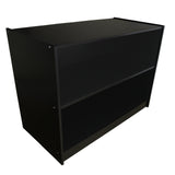 Schwarze A1200 Verkaufstheke mit zwei offenen Regalen, modernem Design und glatter, mattschwarzer Oberfläche, ideal für Verkaufsräume