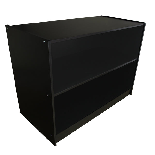 Schwarze A1200 Verkaufstheke mit zwei offenen Regalen, modernem Design und glatter, mattschwarzer Oberfläche, ideal für Verkaufsräume