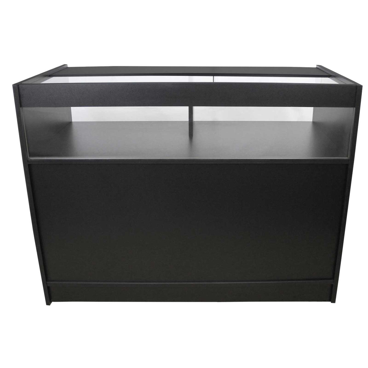 Schwarze Verkaufstheke mit klaren Glasflächen, modernem Design und robustem Material, ideal für Einzelhandel oder Ausstellungen