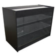 Schwarze Verkaufstheke mit zwei transparenten Glasregalen, elegantes Design, ideal für Geschäfte zur Präsentation von Produkten