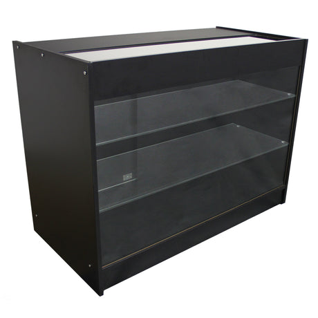 Schwarze Verkaufstheke mit zwei transparenten Glasregalen, elegantes Design, ideal für Geschäfte zur Präsentation von Produkten