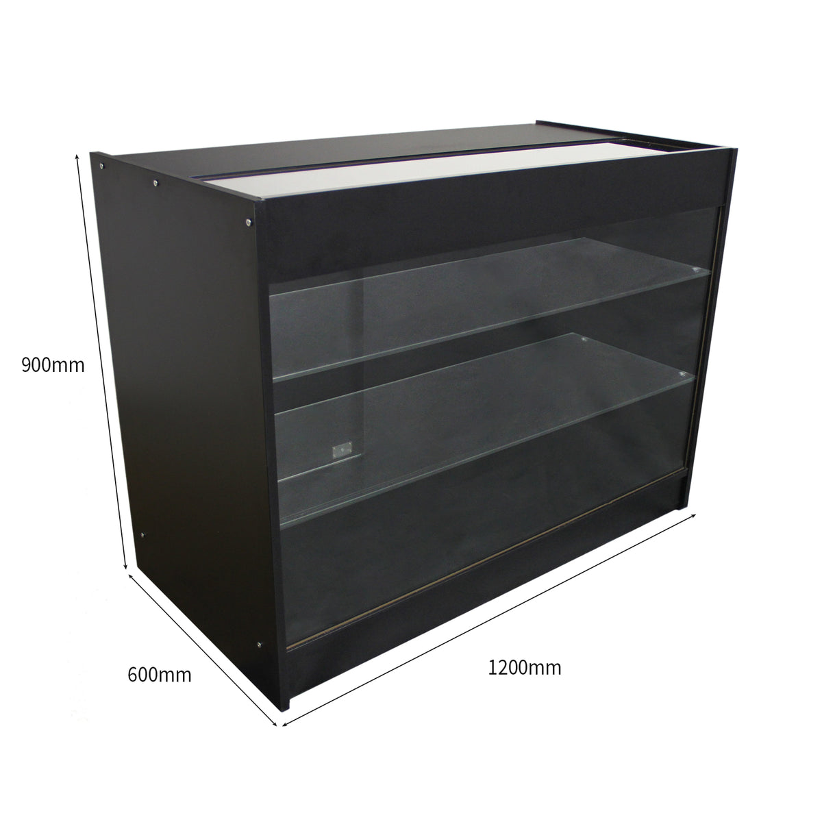 Schwarze Verkaufstheke mit Glasregalen, 1200 mm breit, 900 mm hoch und 600 mm tief, ideal für die Präsentation von Produkten im Einzelhandel