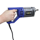 Der T-Mech Betonrüttler in Blau und Silber, ergonomischer Griff, robustes Gehäuse, ideal für das Verdichten von Beton und anderen Materialien