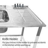 Edelstahl Spültisch mit integriertem Abwaschbecken und rechter Abtropffläche, ausgestattet mit einem Messerhalter für sichere Küchenarbeit
