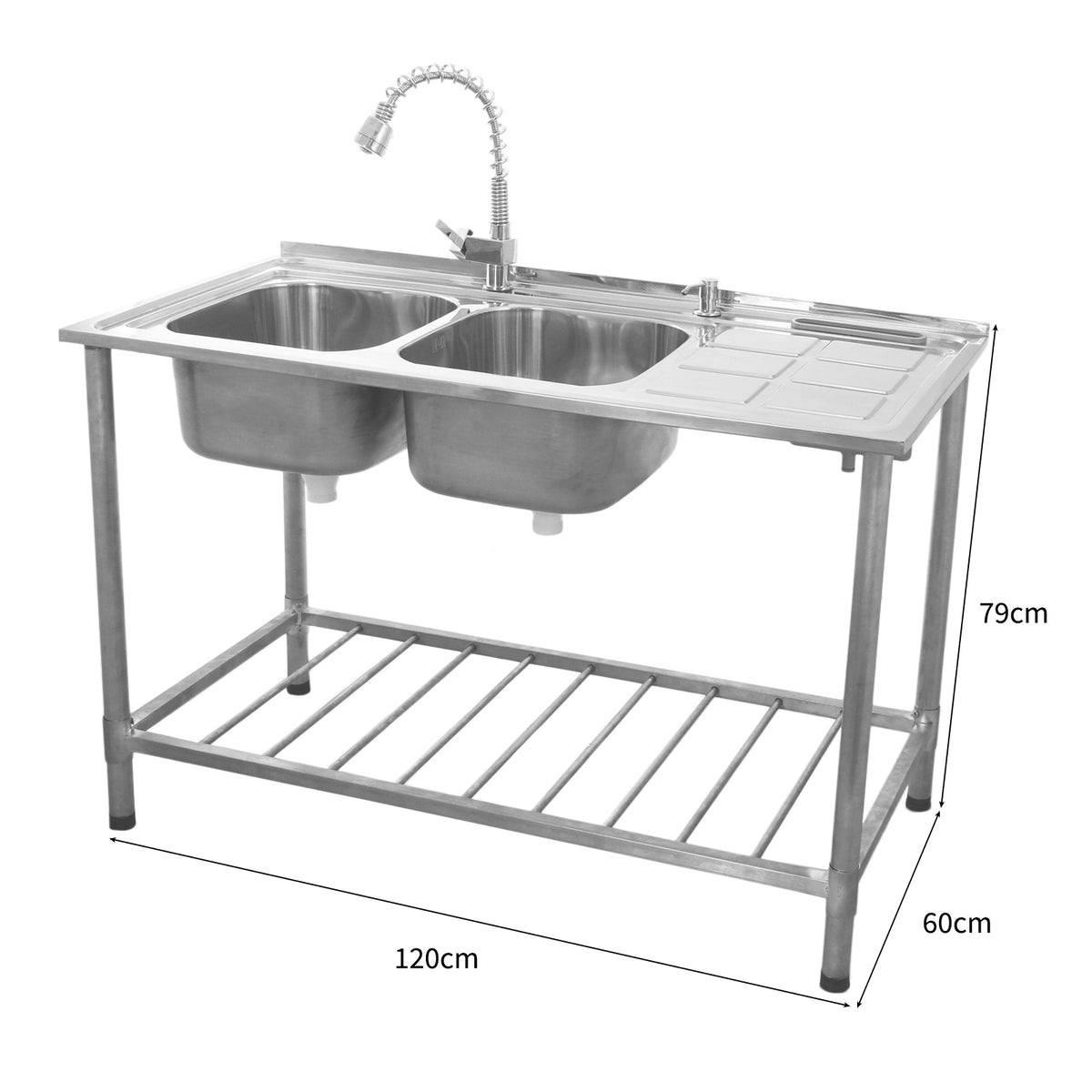 Kukoo Gastrospüle mit zwei Edelstahlbecken, flexibler Wasserhahn, rechte Abtropffläche, stabiler Metallrahmen, Maße 120x60x79 cm