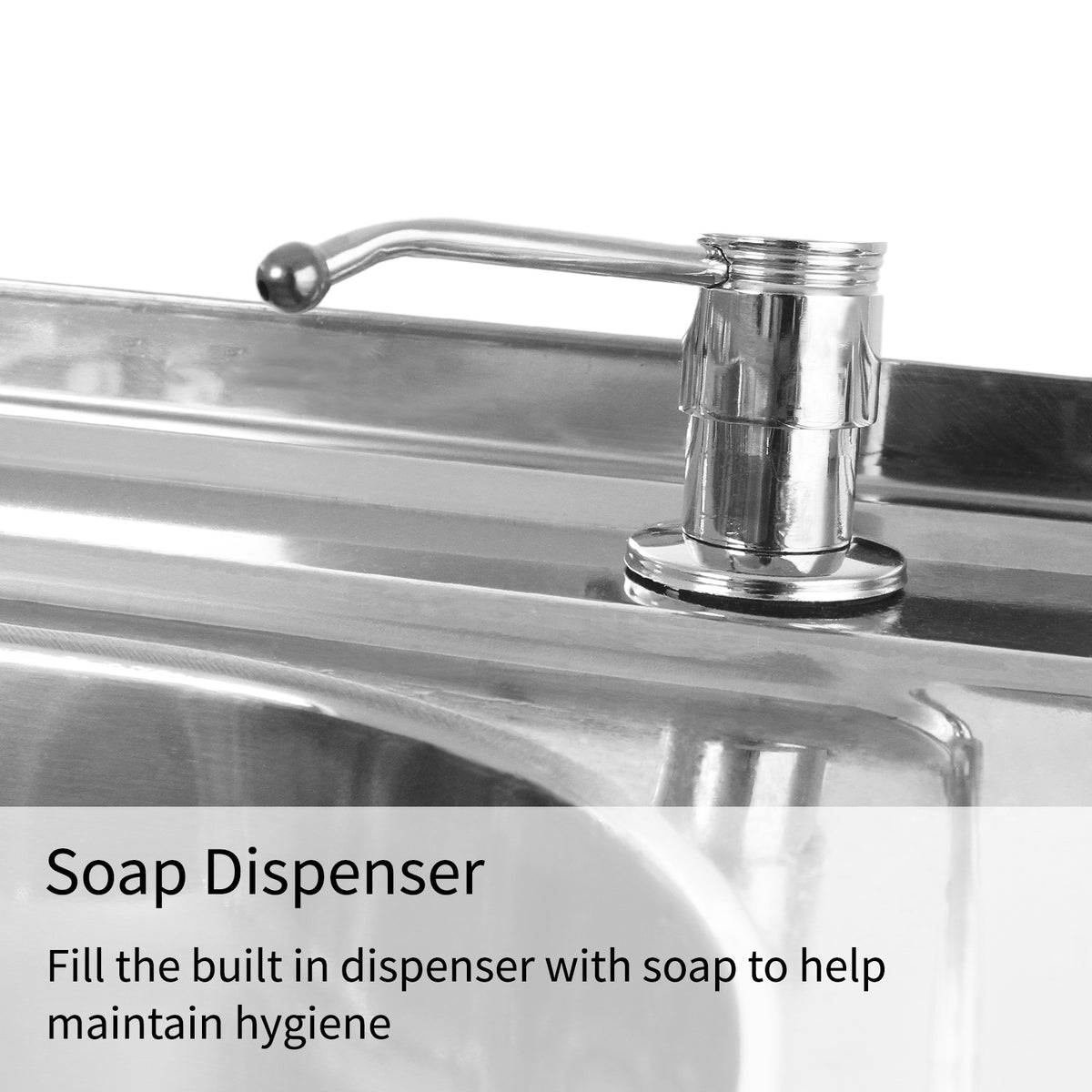 Kukoo Gastrospüle mit glänzendem Edelstahl, links Abtropffläche, integrierter Seifenspender für optimale Hygiene und Funktionalität