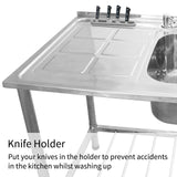 Edelstahl-Gastrospüle mit linksseitiger Abtropffläche, integriertem Waschbecken und Messerhalter, ideal für professionelle Küchen und Gastronomie