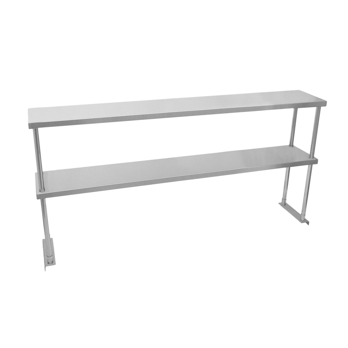Edelstahl Doppel-Regal mit zwei geräumigen Ablagen, glänzende Oberfläche, robustes Design, ideal für Gastronomie und Küchenorganisation